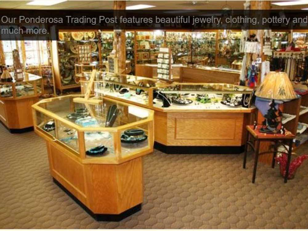 Gift store with jewelry cases at PONDEROSA CAMPGROUND