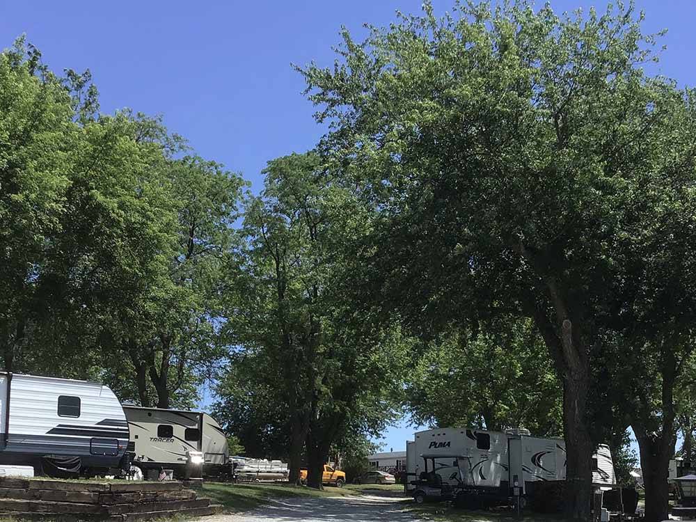Blue sky, shady trees and campers in campsites at BEYONDER GETAWAY AT SLEEPY HOLLOW