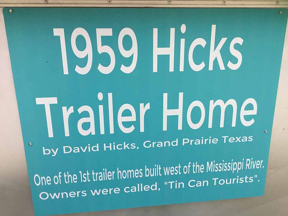 A sign for a 1959 Hicks Trailer Home at DALLAS HI HO RV PARK
