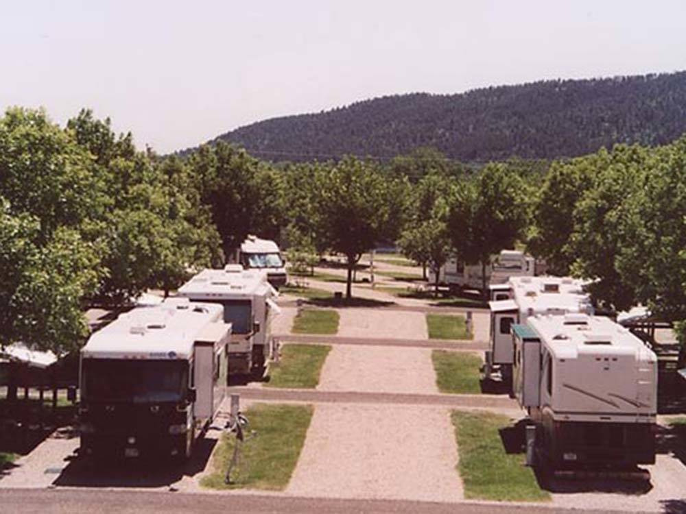 An aerial view of RVs in pull thru RV sites at HAPPY HOLIDAY RV RESORT