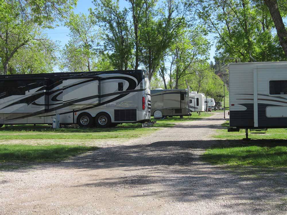 RVs and truck and trailers camping among green trees at HAPPY HOLIDAY RV RESORT