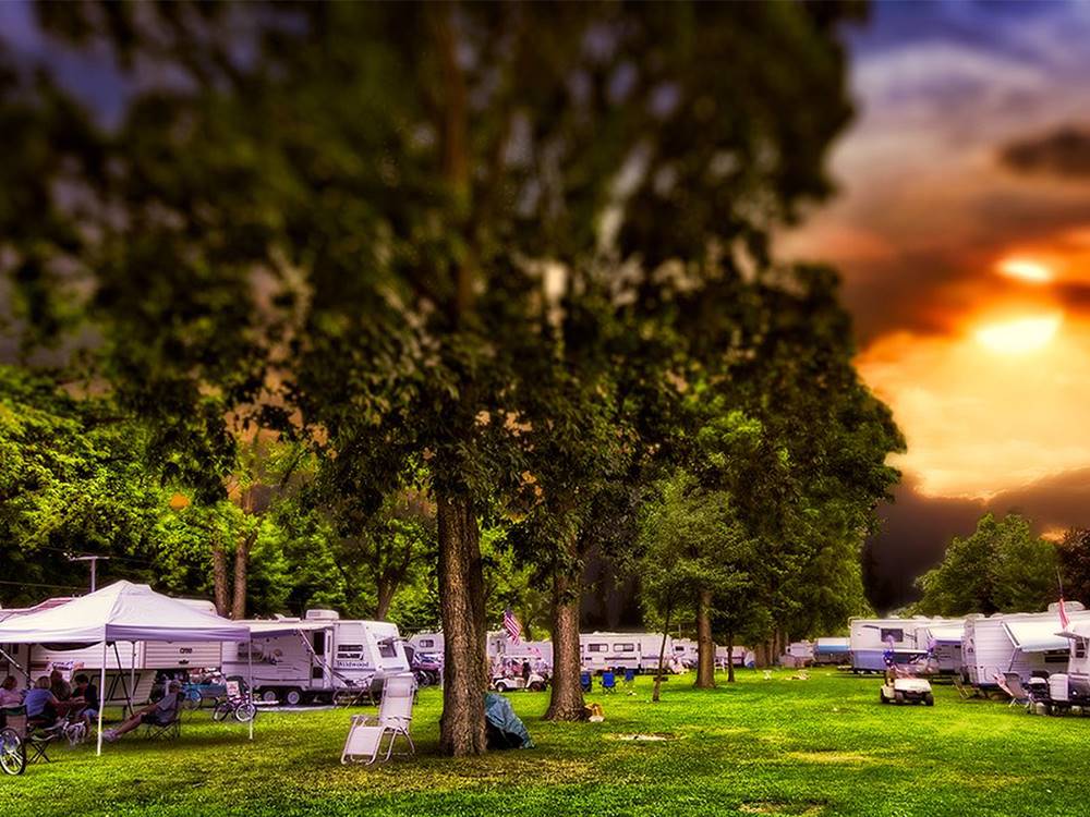 RVs parked on grassy sites at sunset at WAFFLE FARM CAMPGROUNDS
