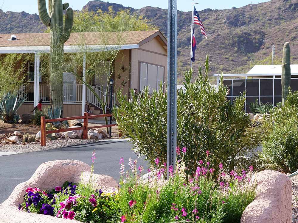 A flower planter next to the road at PICACHO PEAK RV RESORT