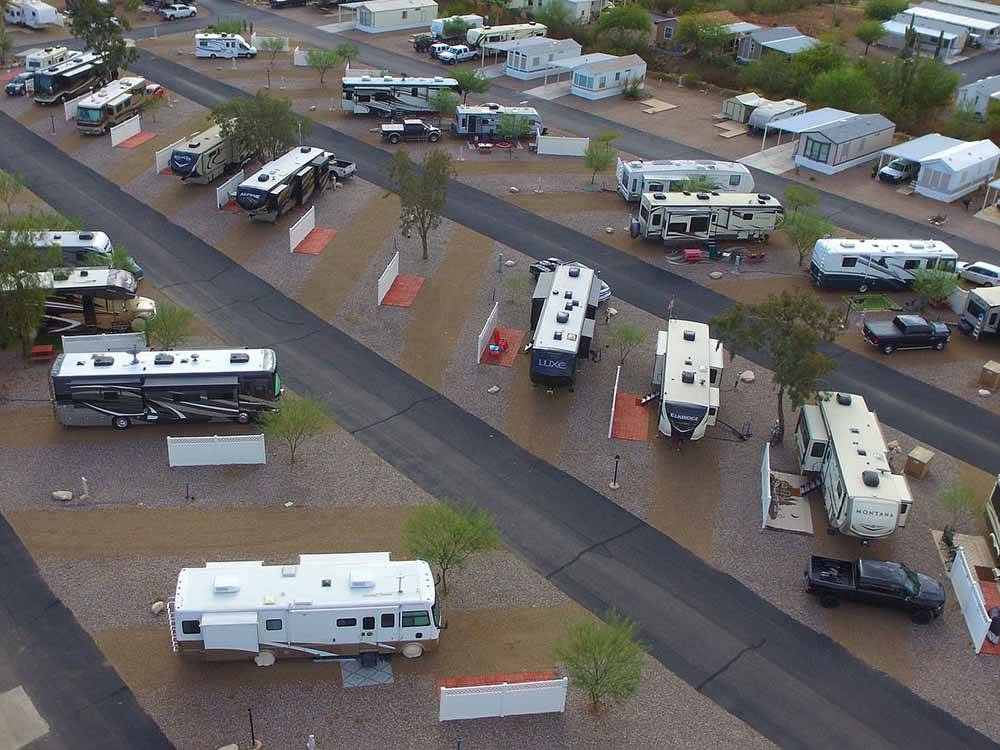 An aerial view of the pull thru campsites at PICACHO PEAK RV RESORT