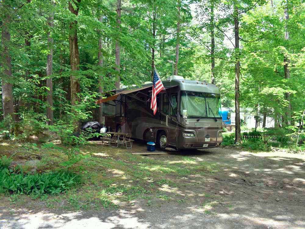 A motorhome in a wooded campsite at MT. GREYLOCK CAMPSITE PARK