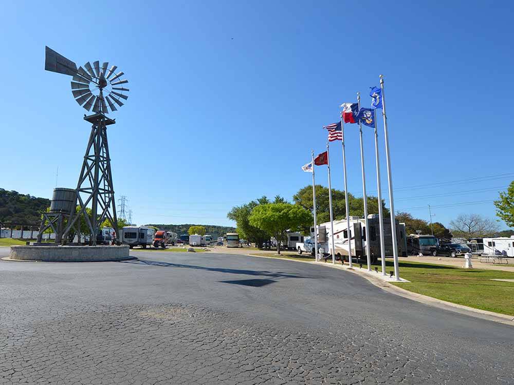 The flags and windmill at BUCKHORN LAKE RESORT