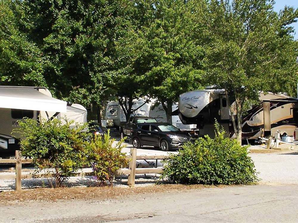 Travel trailers backed in at paved sites at RUTLEDGE LAKE RV RESORT