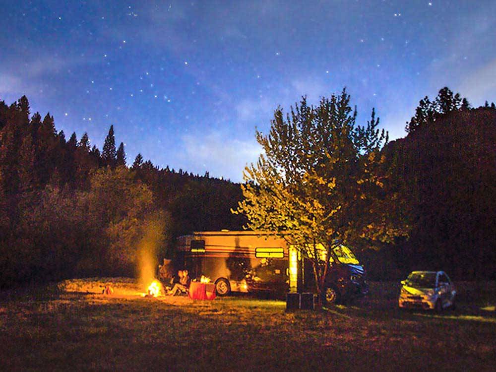 RV camping at night at THOUSAND TRAILS YOSEMITE LAKES