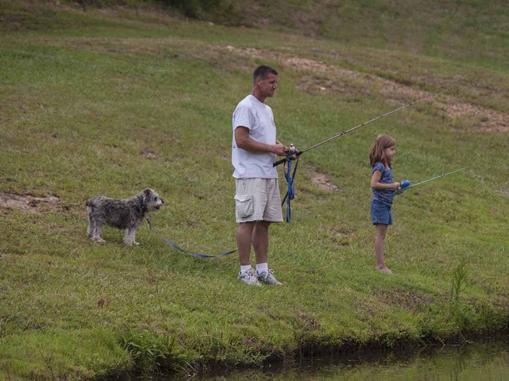 A dog watching people fish in the lake at SCENIC MOUNTAIN RV PARK & CAMPGROUND