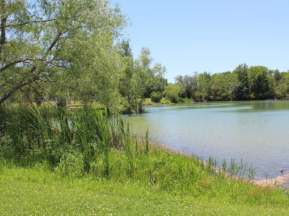 A view of the lake with trees at HIDDEN LAKE RV PARK