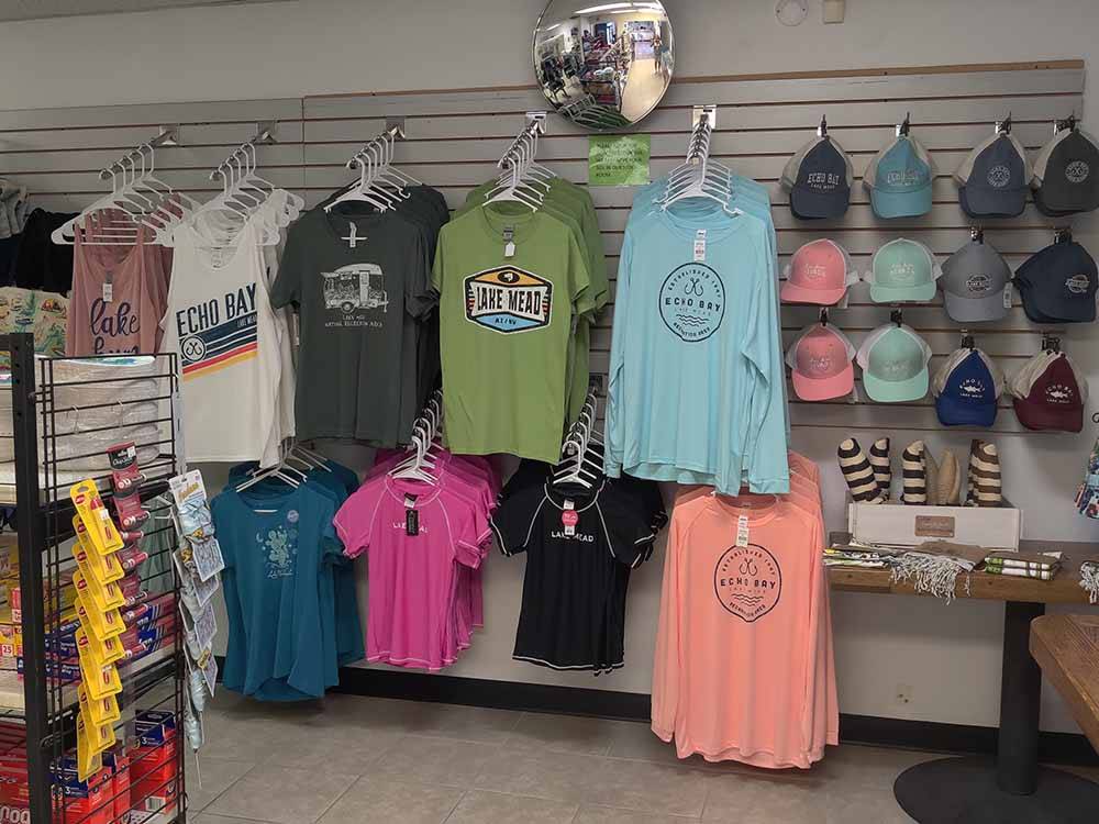 Hats and T-shirts for sale in the store at LAKE MEAD RV VILLAGE AT ECHO BAY