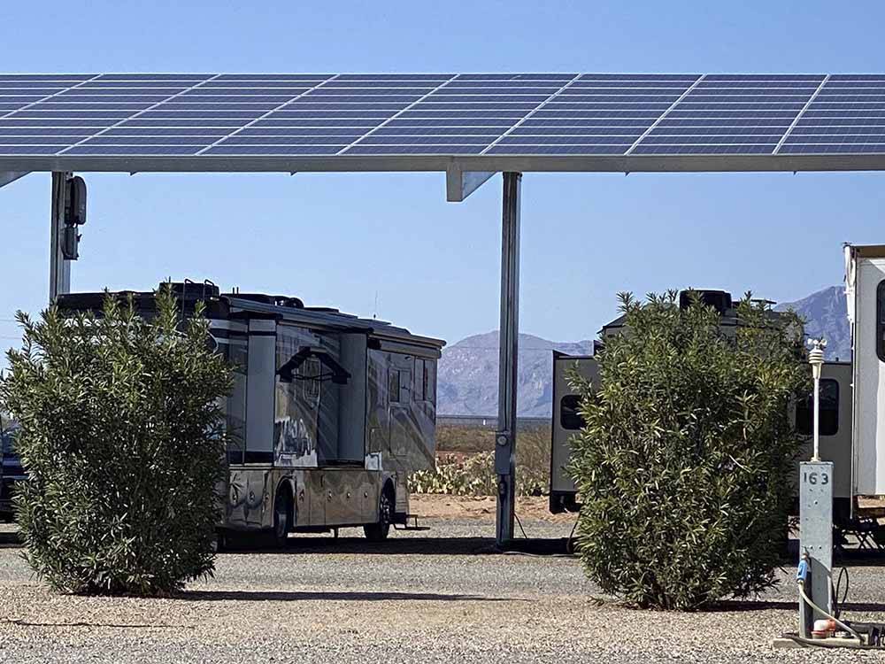Motorhomes parked under the solar panels at CRAZY HORSE RV CAMPGROUNDS