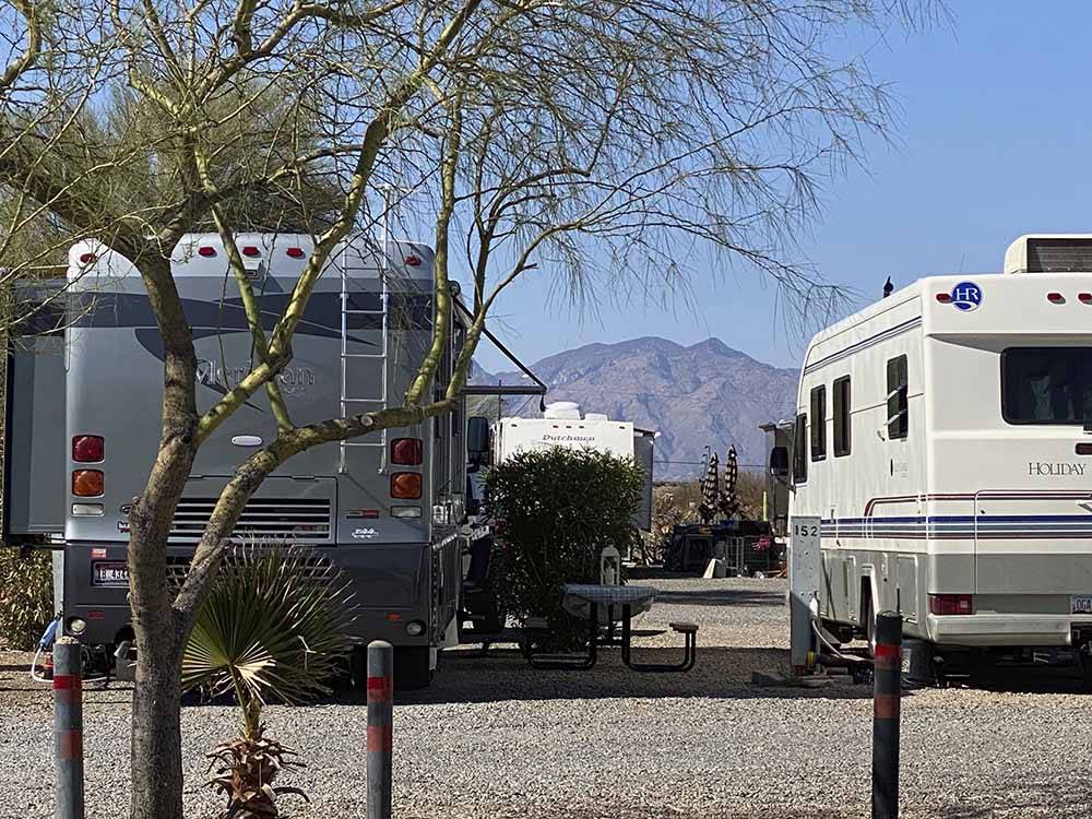 Two motorhomes parked in gravel sites at CRAZY HORSE RV CAMPGROUNDS
