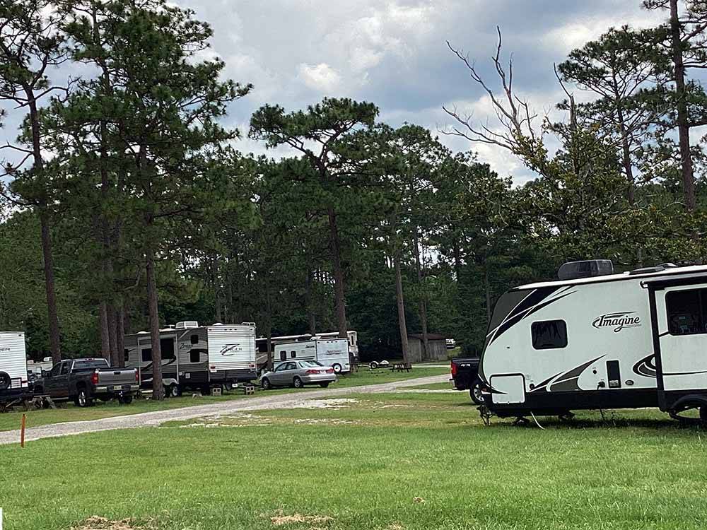 A travel trailer parked in a grassy site at WILDERNESS RV PARK