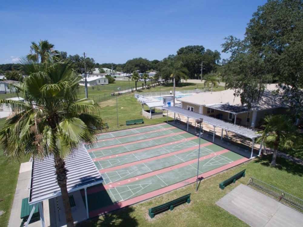 An aerial view of the shuffleboard courts at FOREST LAKE VILLAGE RV RESORT