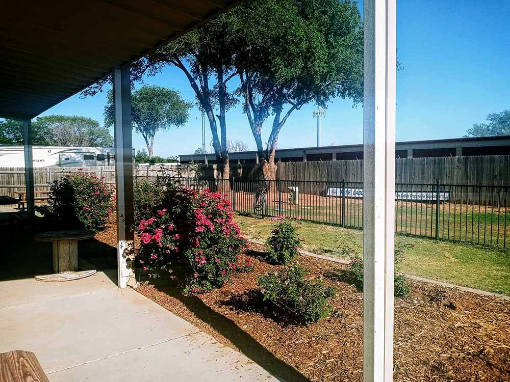 A porch overlooking a grassy area, plant bed and black fence at CLOVIS RV PARK