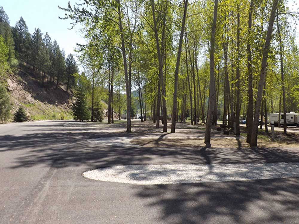 A row of empty paved RV sites at CRYSTAL GOLD MINE & RV PARK