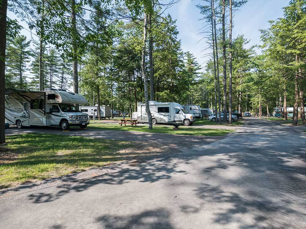 Paved road with RVs on paved pads at OLD ORCHARD BEACH CAMPGROUND