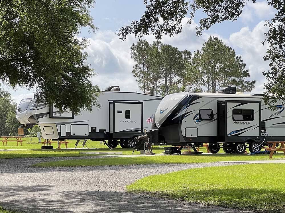 Towable RVs parked on-site at GRAND OAKS RESORT