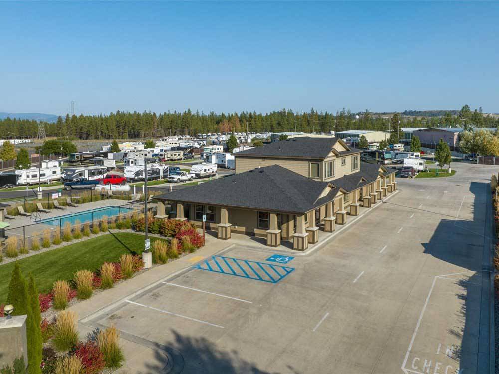 An overhead view of the pool and main building at NORTH SPOKANE RV CAMPGROUND