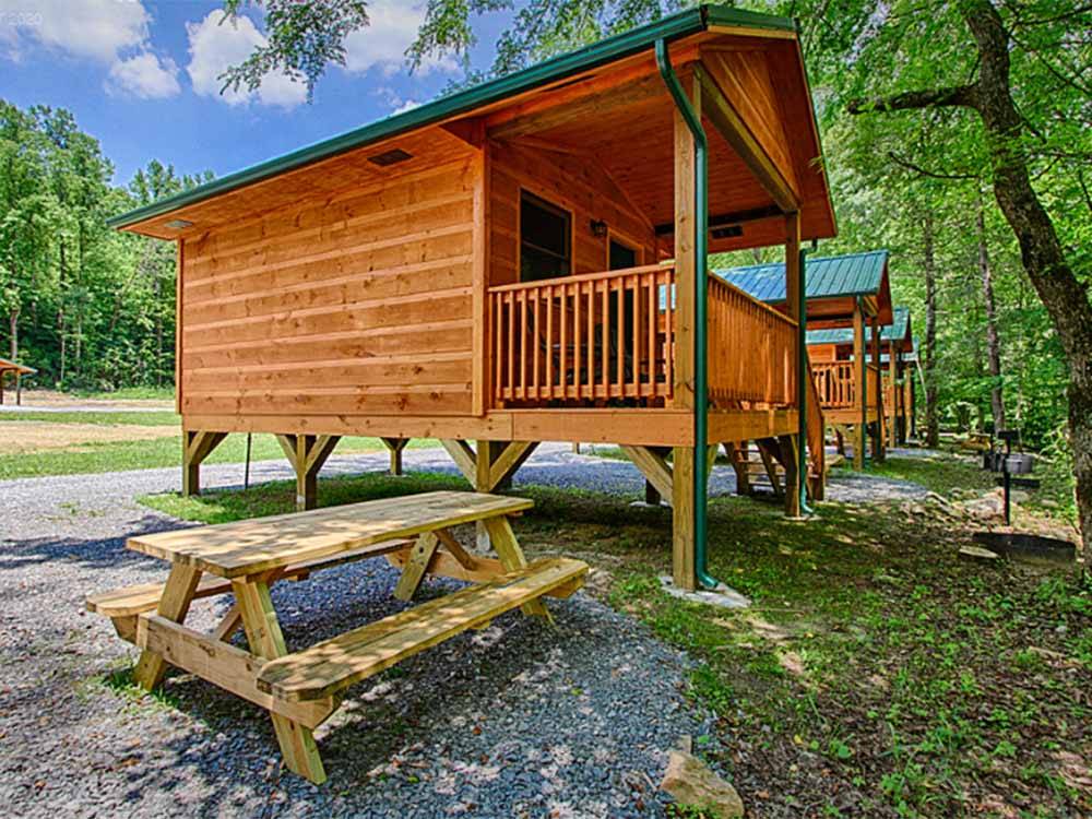 A row of rustic rental cabins at PIGEON RIVER CAMPGROUND