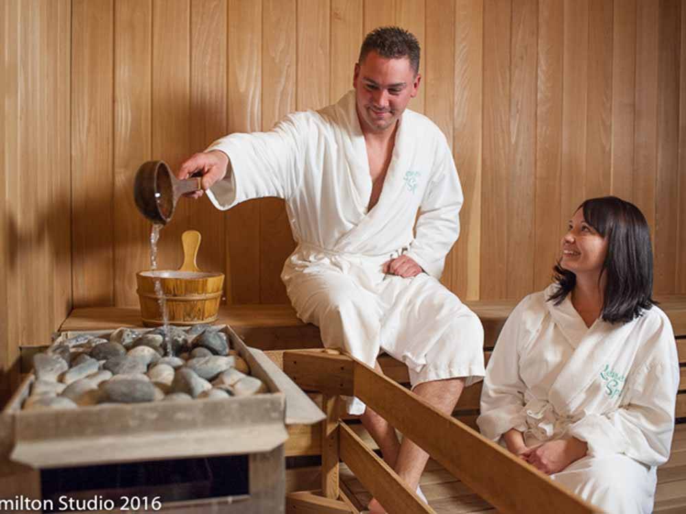 A couple in robes in the spa at 12 TRIBES OMAK CASINO HOTEL & RV PARK
