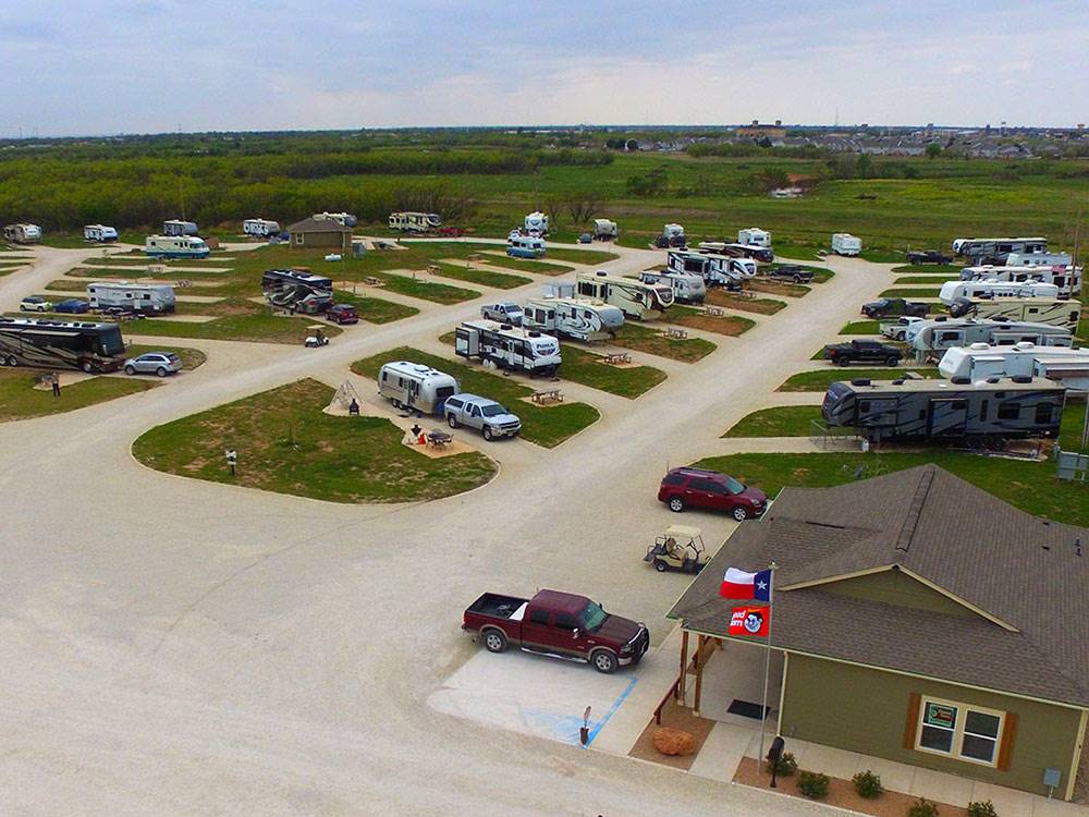Aerial view over campground at WHISTLE STOP RV RESORT