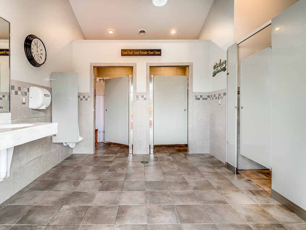 The clean restroom and shower stalls at NORTHPOINTE SHORES RV RESORT
