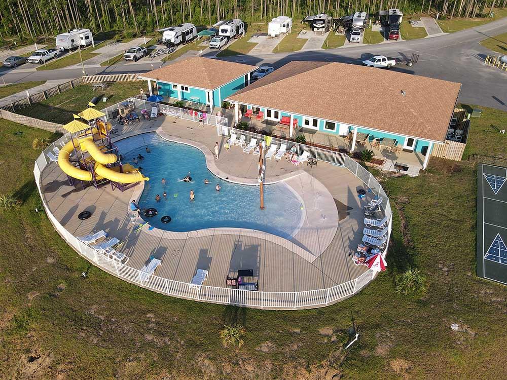 An aerial view of the pool at AHOY RV RESORT