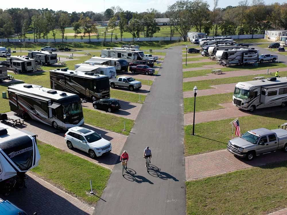 Overhead view of RVs parked at campsites at SUNKISSED VILLAGE RV RESORT
