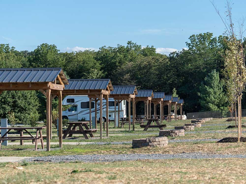 Multiple RV sites with shaded areas and fire pits at LURAY RV RESORT & CAMPGROUND ON SHENANDOAH RIVER
