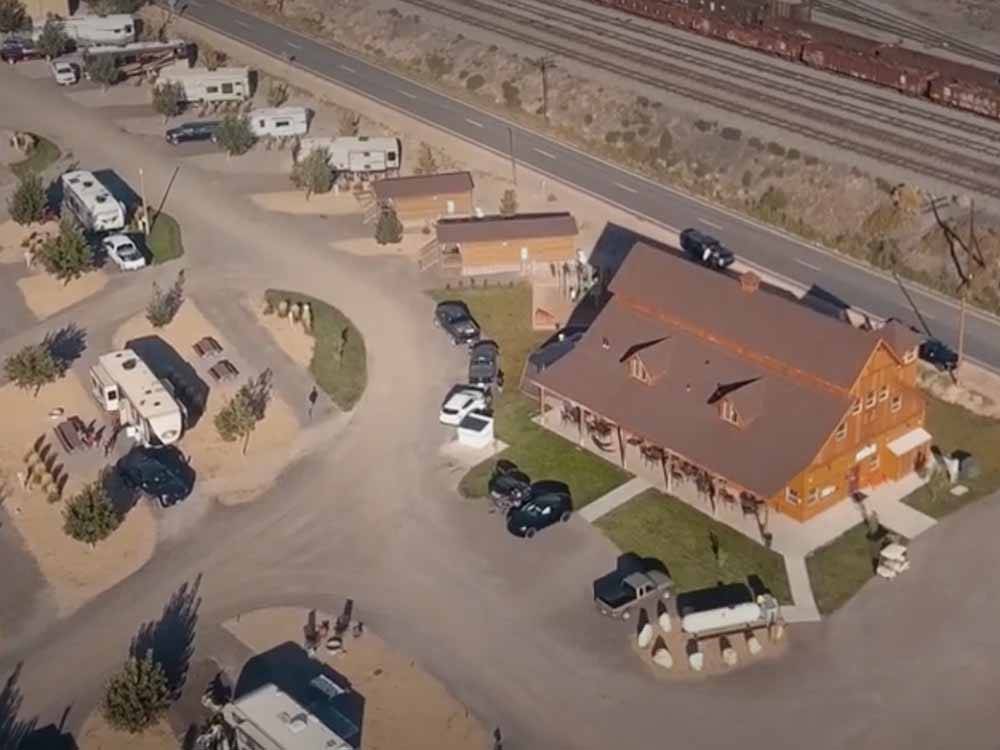 Aerial view over the office building at CASTLE GATE RV PARK & CAMPGROUND