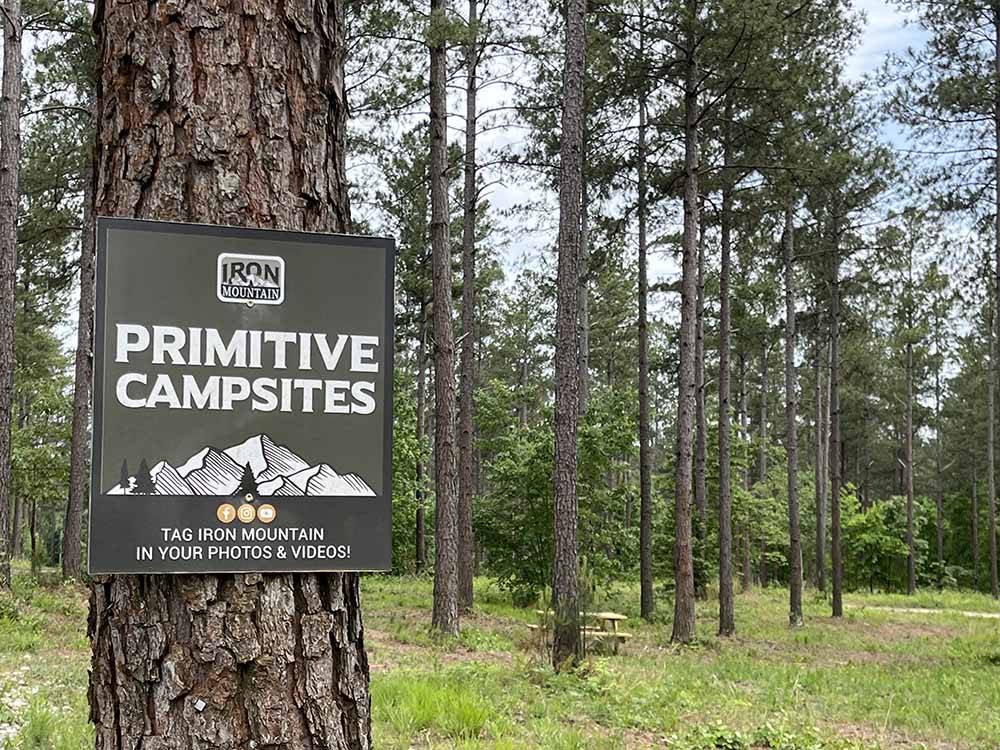 The sign leading to the primitive campsites at IRON MOUNTAIN RESORT