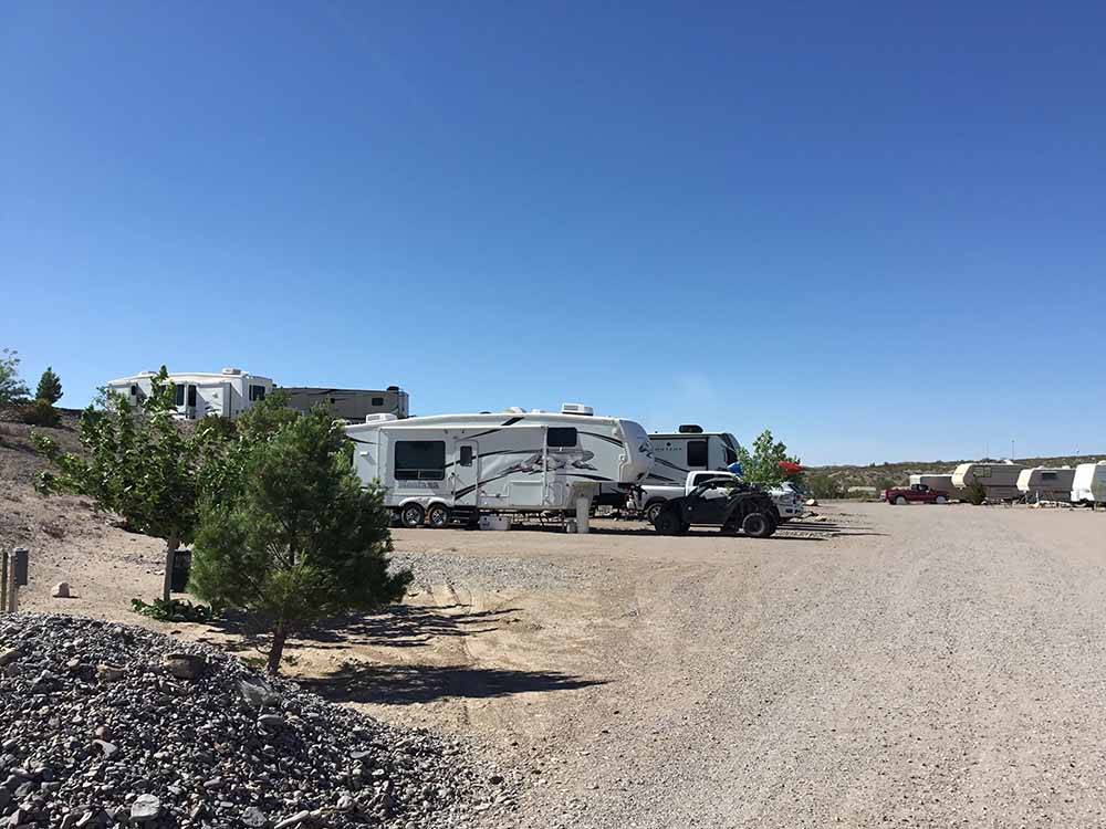 A gravel road leading to the RV sites at DESERT VIEW RV PARK