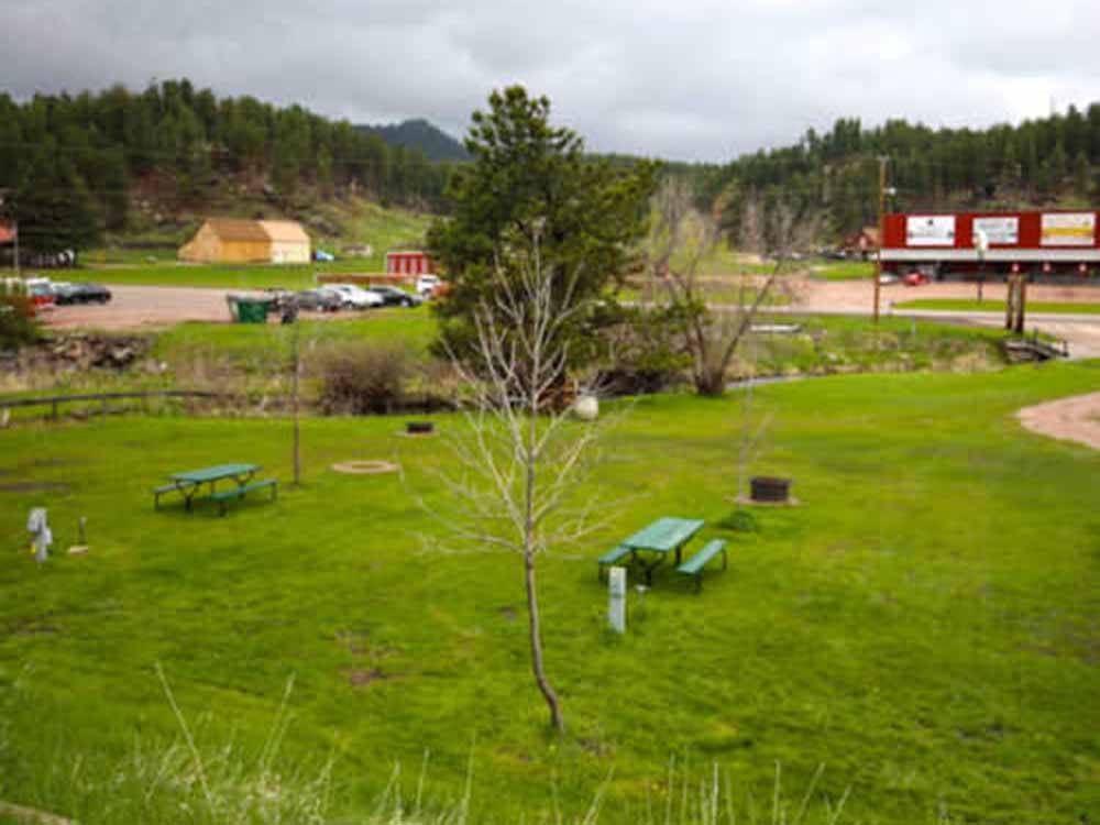 Large grassy area with green picnic tables at FIREHOUSE CAMPGROUND