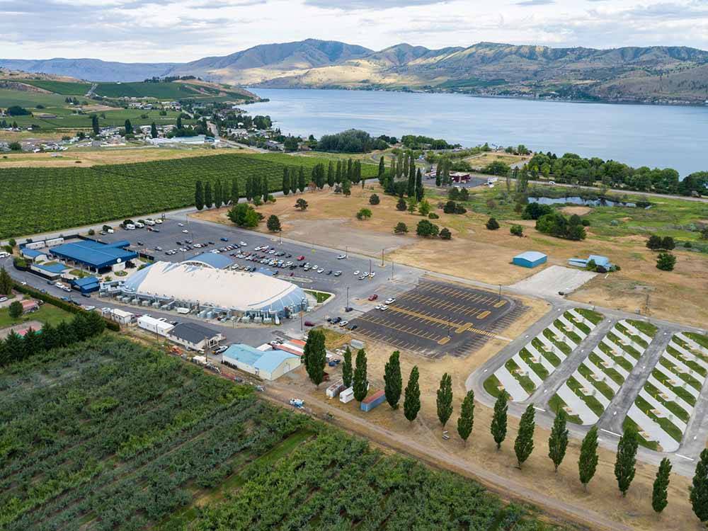 An aerial view of the campsites and casino at 12 TRIBES LAKE CHELAN CASINO & RV PARK