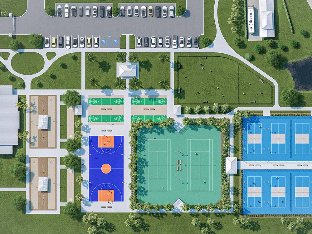 Rendering photo of an aerial shot of the recreation area at OLDE FLORIDA MOTORCOACH RESORT