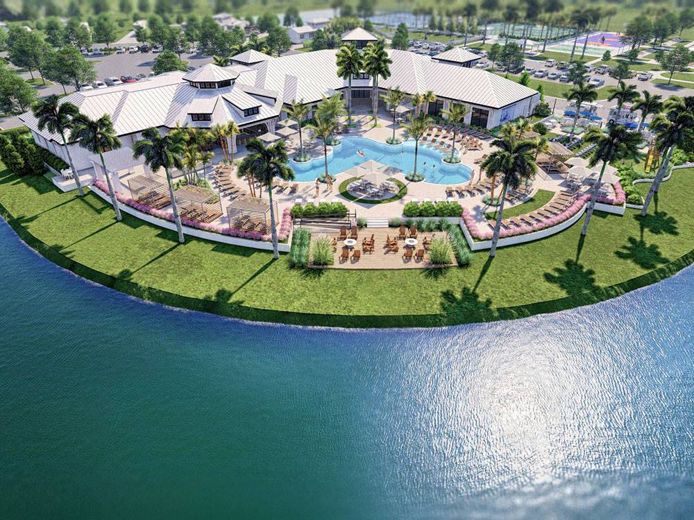 A rendering photo of the swimming pool and lake at OLDE FLORIDA MOTORCOACH RESORT