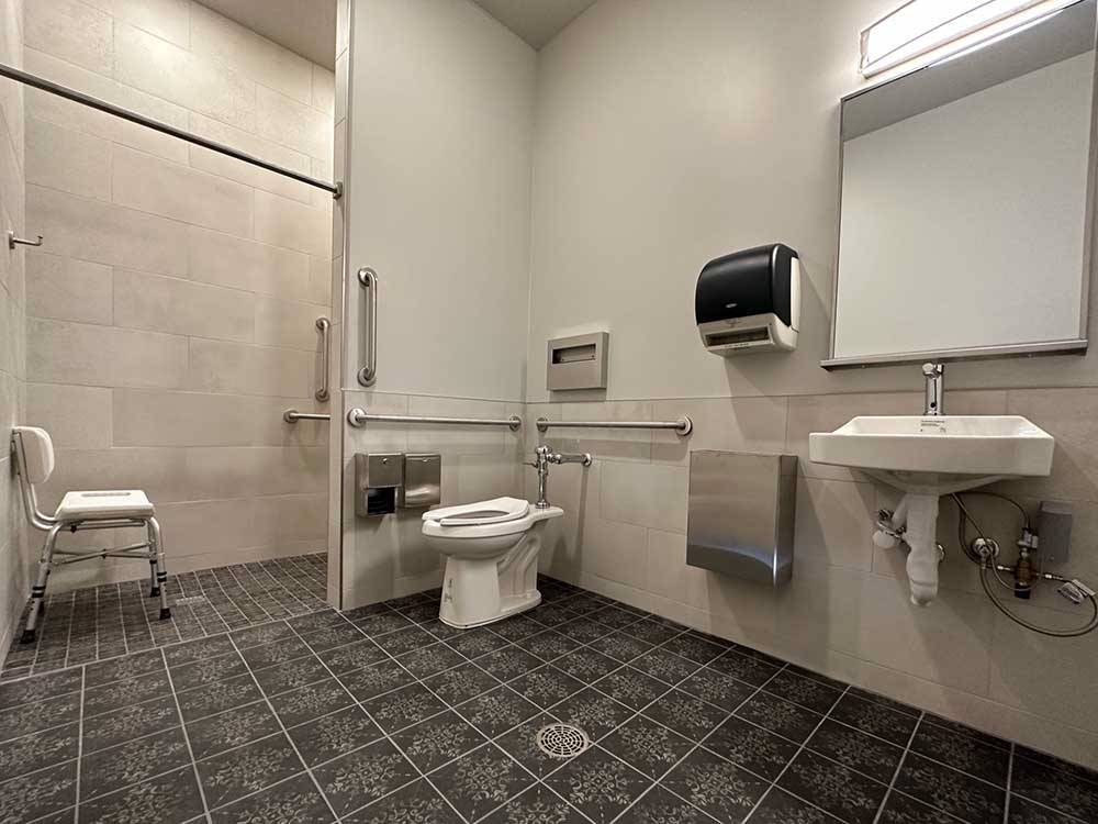 Inside view of the clean restroom at MESQUITE TRAILS RV RESORT