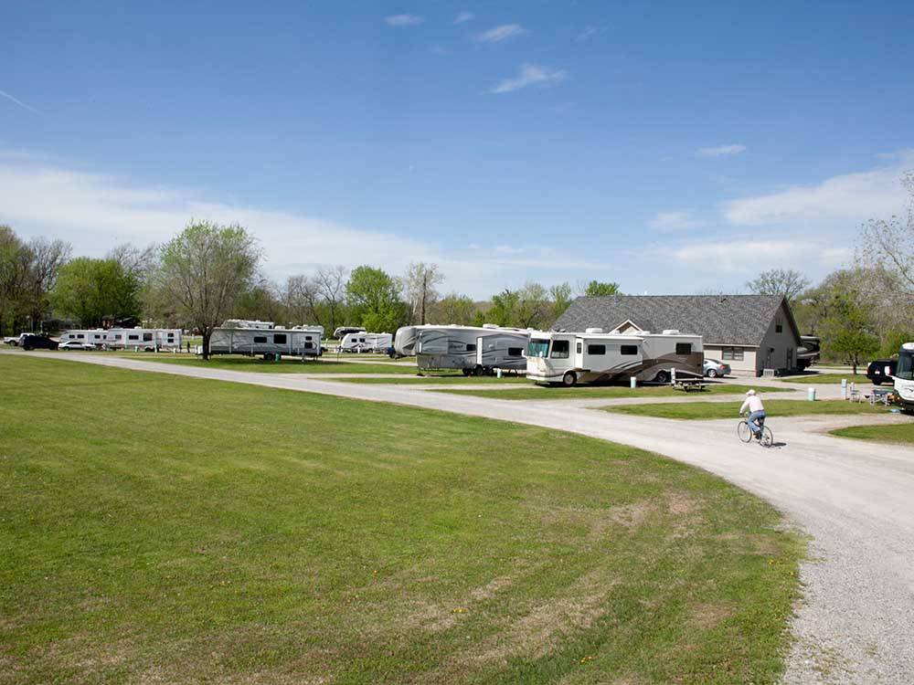 A curving road leading to RV sites at DENTON FERRY RV PARK & CABIN RENTAL