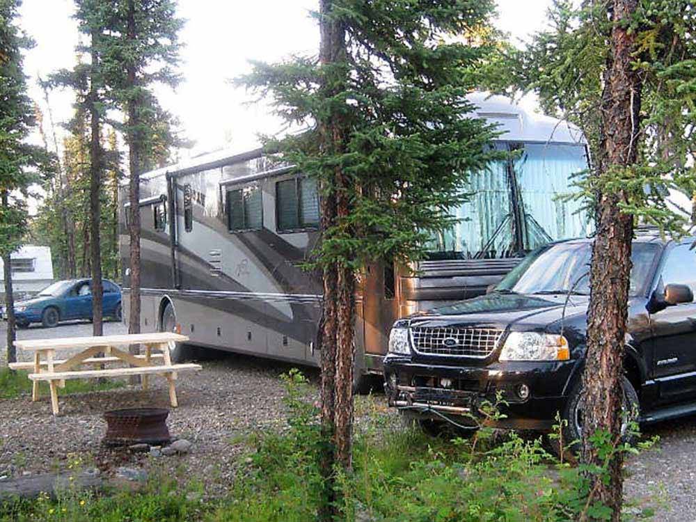 A motorhome parked in a gravel wooded RV site at NORTHERN NIGHTS CAMPGROUND