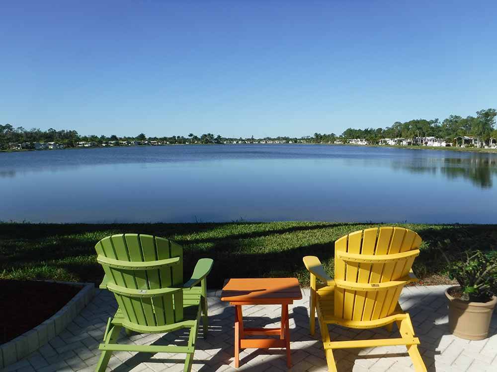 Chairs overlooking the water at CRYSTAL LAKE RV RESORT