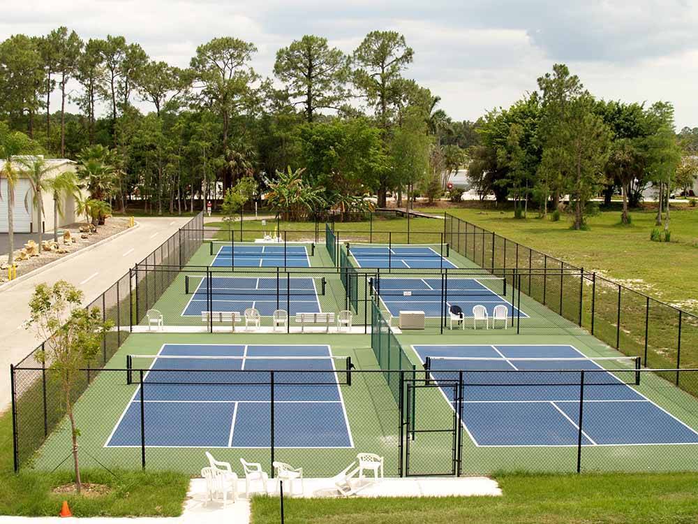 The fenced in pickle ball courts at CRYSTAL LAKE RV RESORT