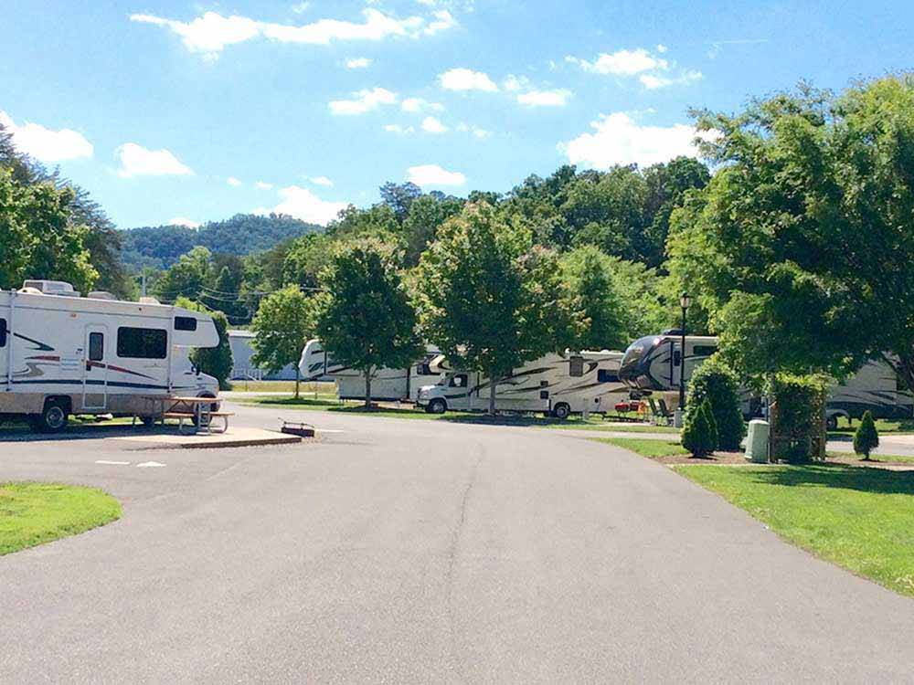 RVs and trailers on paved roads at PINE MOUNTAIN RV PARK BY THE CREEK