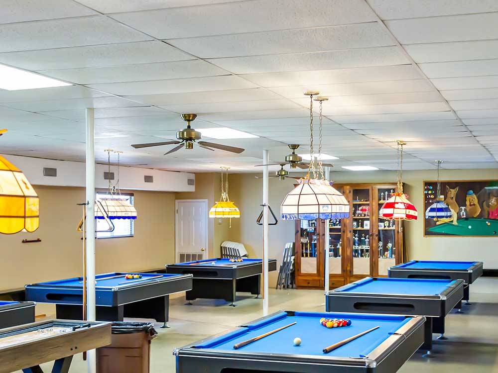 Pool tables in the game room at SNOW TO SUN RV RESORT