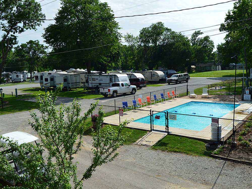 Swimming pool with RVs in background at RIVERSIDE RV PARK