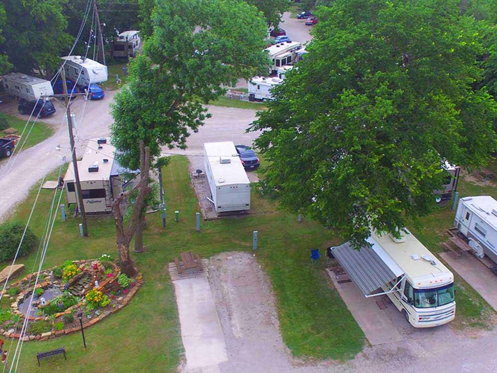 Aerial view of RVs and trailers in sites at RIVERSIDE RV PARK