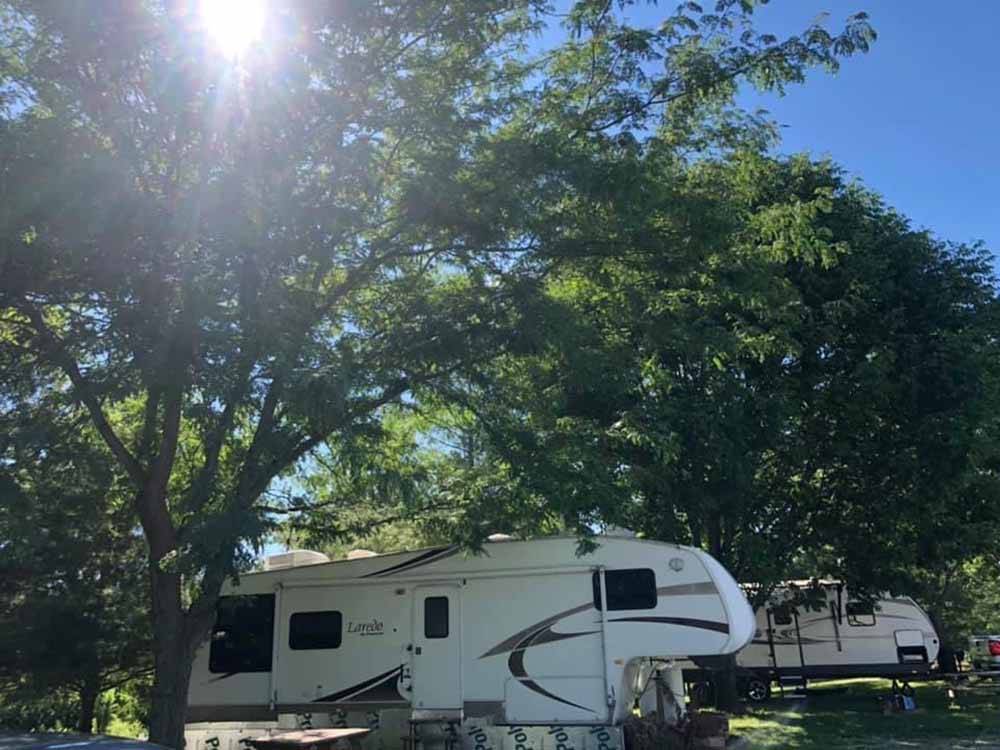 Campers in campsites with sun shining at NEW VISION RV PARK