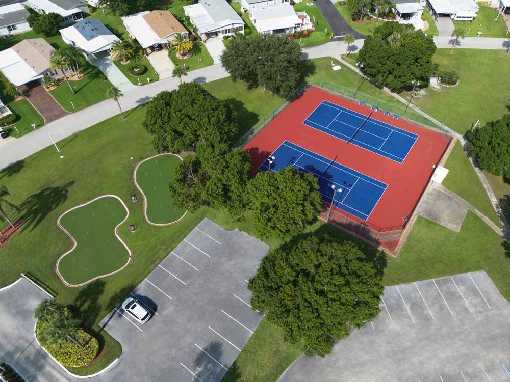 Aerial view of the pickle ball courts and putting green at OUTBACK RV RESORT AT TANGLEWOOD