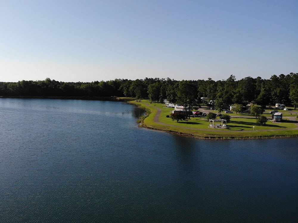 A aerial view of the lake and campground at WILLOWTREE RV RESORT & CAMPGROUND
